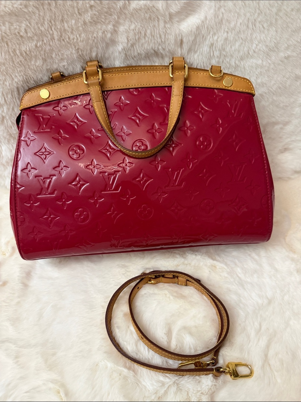 Louis Vuitton Red Vernis Satchel with Tan Trim